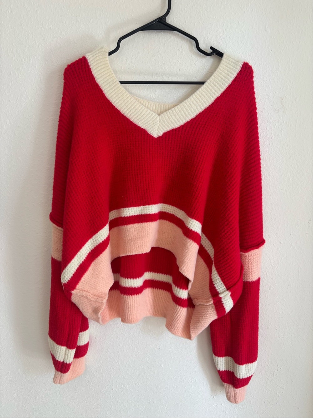 Altar'd State Red V-Neck Striped Knit Sweater with Pink and Cream Accents